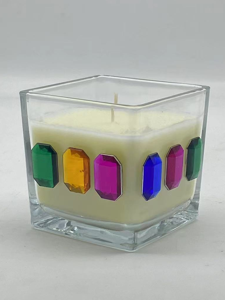 Square glass VAT votive candle holder with patch attached